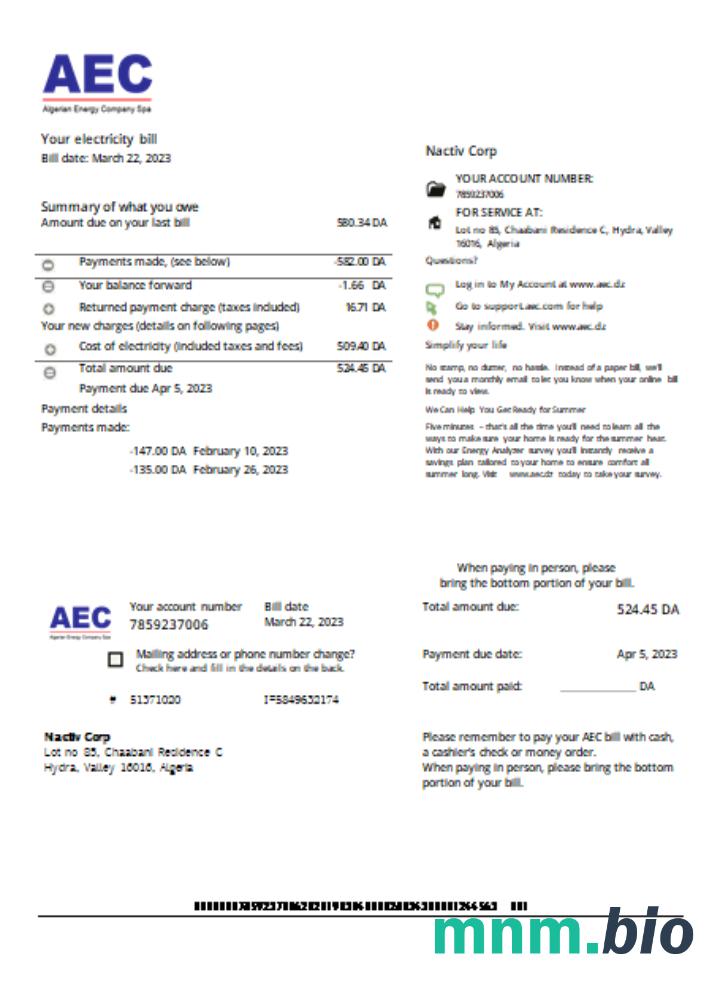 AEC Algerian Energy Company rachunek za usługi komunalne